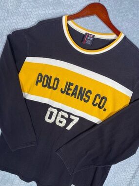 Vintage Polo Jeans Co. Ralph Lauren 067 Navy Yellow LS Shirt XL USA Made